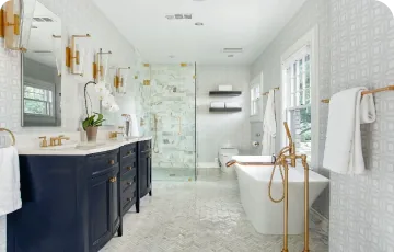 Bathroom with a double vanity and glass shower