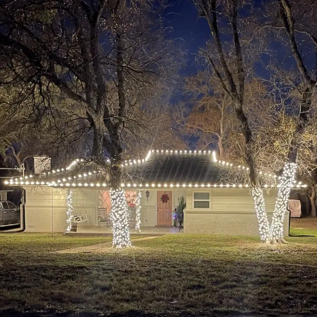 Holiday lights along a roofline and wrapped around trees